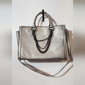 JustFab Metallic Silver Satchel with Chain Strap Detail